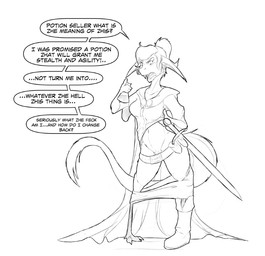 belt boots breasts clothed clothing convenient_censorship dialogue digitigrade female footwear hair melee_weapon navel oversized_clothing ponytail potion pubes shoes shrinking simple_background size_transformation solo sword text transformation undressing weapon koopacap out-of-placers mammal yinglet 2019 black_and_white digital_media_(artwork) english_text monochrome