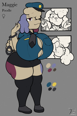 anthro big_breasts big_butt breasts butt clothed clothing cuff_(restraint) female fur handcuffs hat headgear headwear huge_breasts huge_butt legwear looking_at_viewer metal_cuffs police police_uniform restraints simple_background smile solo stockings tail text thick_thighs tight_clothing uniform fennyfen_1 maggie_(fennyfen_1) canid canine canis domestic_dog mammal poodle absurd_res digital_media_(artwork) english_text hi_res model_sheet