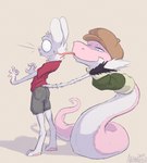 anthro clothed clothing duo feral forked_tongue fur hat headgear headwear licking neck_lick shocked simple_background standing tongue tongue_out white_body white_fur animancer bo luck_(animancer) dipodid jerboa mammal reptile rodent scalie snake 2023 hi_res signature