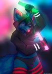 anthro arm_warmers armwear biped bulge clothing cropped_hoodie detailed_bulge glowstick legwear male male_anthro rave solo thigh_highs tongue tongue_out luxartifex acey_(acey4894) canid canine fox mammal absurd_res hi_res