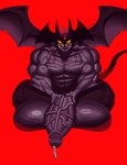 balls big_balls big_penis bodily_fluids cum cum_drip dark_body dark_skin dripping genital_fluids genitals hairy_legs horn huge_balls huge_penis humanoid_genitalia humanoid_penis hyper hyper_balls hyper_genitalia hyper_penis male markings membrane_(anatomy) membranous_wings muscular muscular_male penis solo wings yellow_eyes eldiipiid devilman_(series) devilman_(character) demon humanoid absurd_res hi_res