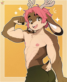 5_fingers anthro antlers brown_body brown_fur countershade_arms countershade_face countershade_fur countershade_tail countershade_torso countershading eyebrows fingers flexing flexing_bicep fur hair horn male muscular muscular_anthro muscular_male pink_hair solo tail kingdomvelvet jackalope lagomorph mammal absurd_res hi_res