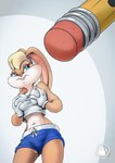 anthro blonde_hair blue_bottomwear blue_clothing blue_eyes blue_shorts bottomwear breasts buckteeth clothed clothing countershading crop_top digital_media_(artwork) female frown fur gloves hair handwear hi_res holding_breast lagomorph leporid lola_bunny looney_tunes mammal mysticalpha navel pencil_(object) pink_nose portrait rabbit shirt shorts signature simple_background sleeveless_shirt solo standing tan_body tan_fur teeth text three-quarter_portrait tied_ears topwear url warner_brothers white_body white_clothing white_countershading white_gloves white_handwear writing_utensil