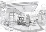 amazing_background anthro biped bottomwear car clothing cloud compact_car detailed_background eyewear feral gas_station group inside_car motor_vehicle motorcycle outside pants plant scenery_porn sunglasses tree vehicle ryo_yambe avian bird mammal mouse murid murine rodent 2023 detailed greyscale hi_res monochrome