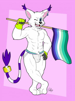 abs accessory anthro biceps big_ears blue_eyes bulge cheek_tuft chest_tuft clothing cute_fangs dipstick_ears dipstick_tail ear_markings ear_piercing ear_ring ear_tuft facial_tuft fangs flag fur furgonomics gloves gold_(metal) gold_jewelry gold_tail_ring hand_on_hip handwear jewelry jockstrap lgbt_pride long_tail looking_at_viewer male markings multicolored_ears navel one_eye_closed open_mouth paws pecs piercing pride_color_accessory pride_color_flag pride_colors purple_ear_tips purple_stripes purple_tail_tip ring ring_piercing simple_background smile solo striped_markings striped_tail stripes tail tail_accessory tail_jewelry tail_markings tail_ring tail_tuft teeth toned_belly toned_body toned_male toned_muscles toned_thighs tuft underwear vincian_pride_colors whiskers white_body white_ears white_fur wink winking_at_viewer doggettdouglasmcdog bandai_namco digimon michi_the_gatomon digimon_(species) gatomon 2025 hi_res