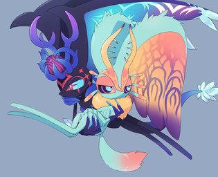 ambiguous_gender anthro antlers black_body black_sclera bored bridal_carry carrying_another chest_tuft colored_nails crossed_arms crystal dipstick_tail duo facial_markings fingernails fluffy fluffy_tail flying fur grey_background head_markings head_wings horn huge_wings markings mouthless multicolored_body multicolored_eyes multicolored_fur nails neck_tuft pink_eyes pupils red_body red_eyes side_view simple_background spiked_tail spikes spikes_(anatomy) tail tail_markings tan_body tan_fur teal_body teal_eyes teal_fingernails teal_fur teal_nails teal_sclera tuft unusual_pupils unusual_wing_placement white_pupils wings amateru_kai kirby_(series) kirby_and_the_forgotten_land nintendo star-crossed_world fecto_elfilis genwel_meteonelfilis alien chinchilla chinchillid mammal rodent starling_(kirby) 2025 digital_drawing_(artwork) digital_media_(artwork) hi_res brother_(lore) sibling_(lore)
