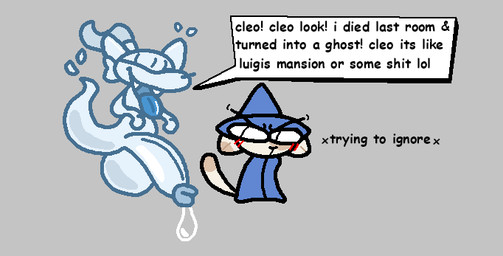 ambiguous_gender angry anthro armor balls big_penis blue_body blue_clothing blush blush_lines bodily_fluids clothing dialogue duo eyebrows fangs floating genital_fluids genitals ghost_tail glistening glistening_genitalia glistening_penis hat headgear headwear helmet huge_penis ignoring_another legless looking_at_another male multicolored_body open_mouth penis precum profanity robe simple_background talking_to_another teeth text tongue tongue_out wizard_hat nxyitn cleo_(nxyitn) reynard_(nxyitn) canid canine felid feline fox ghost mammal spirit english_text