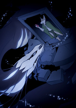 ambiguous_anthro ambiguous_feral ambiguous_gender anthro bioluminescence biped black_body black_goo black_markings black_saliva bodily_fluids bottomwear brown_body brown_fur chest_wraps clenched_teeth cloak clothed clothed_ambiguous clothed_anthro clothing colored_saliva countershade_arms countershade_face countershade_fur countershade_legs countershade_torso countershading dipstick_ears drooling duo dutch_angle ear_markings feral fully_clothed fully_clothed_ambiguous fully_clothed_anthro fur fur_markings glowing glowing_markings green_cloak green_clothing heart_(organ) high-angle_view holding_heart_(organ) holding_object loincloth long_neck looking_at_another markings midriff multicolored_ears organs saliva standing tan_body tan_countershading teeth unusual_bodily_fluids unusual_saliva white_head wraps lizet itzali_(lizet) piper_(lizet) canid canine canis coyote deity lantern_worm mammal 2024 hi_res shaded traditional_media_(artwork)