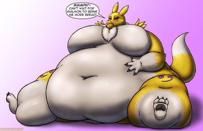 anthro belly big_belly big_breasts black_sclera blue_eyes bread breasts deep_navel dialogue eating featureless_breasts female food fur hand_on_belly huge_breasts huge_thighs morbidly_obese morbidly_obese_anthro morbidly_obese_female multicolored_body multicolored_fur navel obese obese_anthro obese_female overweight overweight_anthro overweight_female sitting solo speech_bubble text thick_thighs two_tone_body two_tone_fur viroveteruscy bandai_namco digimon digimon_(species) renamon 2020 absurd_res digital_media_(artwork) english_text hi_res