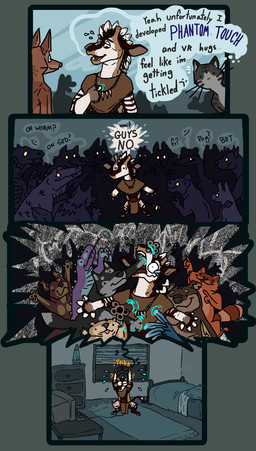 ambiguous_gender anthro clothed clothing dialogue feathered_wings feathers fur group hair hooves horn humor male open_mouth ossicone simple_background solo stripes text tongue wings snazzapplesweet avian bear bird canid canine canis felid feline giraffid humanoid lizard mammal mustelid okapi otter procyonid raccoon reptile scalie wolf 2021 absurd_res comic digital_media_(artwork) english_text hi_res shaded