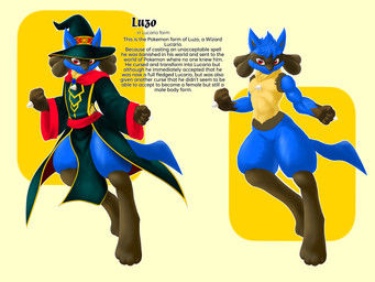 abs anthro blue_body clothing floating fur gesture hand_gesture hat headgear headwear horn looking_at_viewer magic_user male orange_body orange_fur simple_background slight_smile smile solo spikes tail text wizard_hat yellow_body yellow_fur munimuni nintendo pokemon luzo canid canine canis domestic_dog generation_4_pokemon lucario mammal pokemon_(species) 4:3 absurd_res english_text hi_res model_sheet andromorph_(lore)