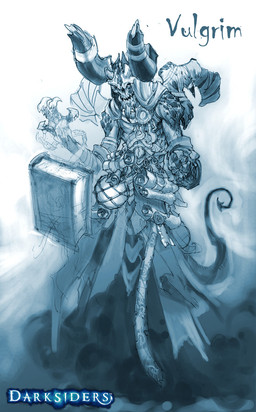 accessory book bottle chain claws container furgonomics grin horn horn_accessory hornband lamp lantern logo male orb pendent_seal scales scroll smile solo teeth wax_seal wraps unknown_artist darksiders vulgrim demon humanoid hi_res