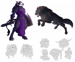ambiguous_gender anthro duo eyewear female feral goggles horn male open_mouth simple_background smile tail teeth tongue white_background nebelviper bear bovid bovine canid canine canis cattle humanoid mammal orc wolf hi_res multiple_images