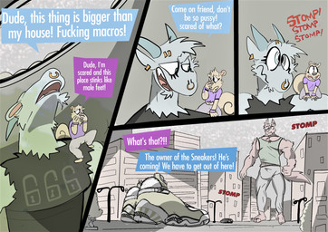 4-panel 4_panel 5_toes alternative_fashion anthro barefoot big_shoes black_clothing black_shirt black_topwear bottomwear clothed clothed_anthro clothed_male clothing covering_nose dialogue ear_piercing eyebrow_piercing facial_piercing feet footwear fully_clothed fully_clothed_anthro fully_clothed_male green_clothing green_footwear green_shirt green_shoes green_tank_top green_topwear grey_bottomwear grey_clothing grey_pants grey_sweatpants group inside_shoe larger_male macro male nose_piercing nose_ring pants piercing punk purple_clothing purple_shirt purple_topwear ring_piercing ripped_sleeves shirt shoes size_difference smaller_male smell speech_box stink_fumes sweatpants tank_top text toes topwear torn_clothing torn_shirt torn_topwear trio dudenahuel samuel_(dudenahuel) bovid canid canine canis caprine goat iberian_wolf mammal rodent sciurid tree_squirrel wolf 2023 absurd_res comic english_text hi_res multiple_scenes