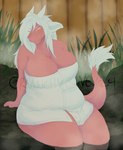 anthro blush bulge bulging_breasts fur gynomorph hair hot_spring intersex onsen outside overweight overweight_anthro pink_body solo steam water wearing_towel white_hair crunchybone mythology dragon furred_dragon furred_scalie mythological_creature mythological_scalie scalie absurd_res hi_res trans_(lore)