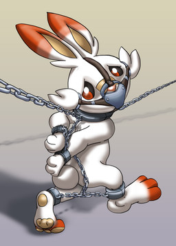 anthro bdsm bondage bound captured chain chained cuff_(restraint) feet gag gagged muzzle_(object) muzzled paws restraints shackles soles solo raptorroper nintendo pokemon generation_8_pokemon lagomorph mammal pokemon_(species) scorbunny 2019 absurd_res digital_drawing_(artwork) digital_media_(artwork) hi_res