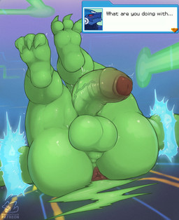 anthro anus balls blush butt cybernetics feet foreskin genitals green_body half-erect humanoid_genitalia humanoid_penis machine male muscular muscular_male nude penis red_sclera soles solo tail text toes vein veiny_penis blackontrack capcom mega_man_(series) omega-xis cyborg em_being absurd_res english_text hi_res