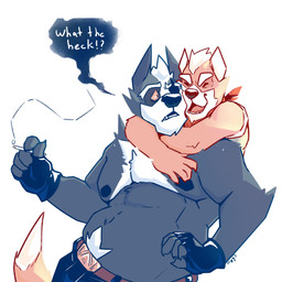 anthro anthro_on_anthro arm_tuft belly belt big_belly black_bottomwear black_clothing black_gloves black_handwear black_nipples black_pants bottomwear brown_belt cigarette clothed clothing duo elbow_tuft eyes_closed fangs fur gloves grey_body grey_fur hair handwear head_tuft holding_cigarette holding_object hug hugging_another hugging_from_behind kerchief male male/male moobs neckerchief neckwear nipples open_mouth open_smile orange_body orange_fur overweight overweight_anthro overweight_male pants red_kerchief red_neckerchief short_hair shoulder_tuft simple_background smile speech_bubble teeth text topless tuft white_background white_body white_fur white_hair chocolateandmilk nintendo star_fox fox_mccloud wolf_o'donnell canid canine canis fox mammal wolf 1:1 english_text hi_res
