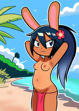 :3 accessory anthro beach bottomwear breasts clothed clothing female flower flower_in_hair glistening glistening_breasts hair hair_accessory loincloth plant sky small_breasts solo topless disfigure alula_(disfigure) lagomorph leporid mammal rabbit absurd_res hi_res