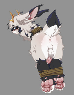 anthro antlers anus bdsm blue_eyes blush bodily_fluids bondage bound butt cum fluffy fur genital_fluids genitals horn leaking_cum male pawpads penis pink_pawpads presenting presenting_anus presenting_hindquarters restraints rope rope_bondage solo white_body white_fur yellow_horn snowlar snowlar_(rukia) jackalope lagomorph leporid mammal rabbit absurd_res hi_res