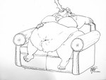 anthro blahblahget chraliras feeding_tube force_feeding forced funnel_in_mouth furniture hand_on_belly male medical_instrument moobs morbidly_obese obese obese_male overweight overweight_male scientific_instrument sofa solo tube_feeding bear mammal 4:3 hi_res monochrome