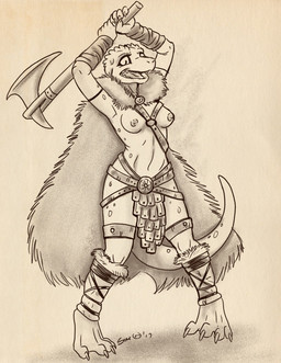 anthro armor axe battle_axe breasts cloak clothed clothing female melee_weapon nipples non-mammal_breasts simple_background solo topless unconvincing_armor warrior weapon caribou_(artist) shannon_(bahumot) kobold scalie 2016