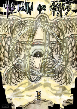 ambiguous_gender antennae_(anatomy) anthro duo extreme_size_difference feathered_wings feathers female fur hair multi_eye multi_wing not_furry simple_background size_difference tail text wings yellow_body yellow_fur khalfy_kun rebekah_(khalfy_kun) angel arthropod bee biblically_accurate_angel eldritch_abomination hymenopteran insect absurd_res hi_res