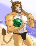 abs anthro asian_clothing beach biceps big_muscles brown_body brown_fur brown_hair clothing detailed_background east_asian_clothing food fruit fundoshi fur hair holding_food holding_object japanese_clothing male melon muscular muscular_anthro muscular_male outside pecs plant pose sand sea seaside sky solo staff suikawari summer tail tail_tuft tuft underwear vein water watermelon hentist shishimaru_genjurou felid lion mammal pantherine 2013