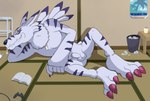 3_toes 5_fingers animal_genitalia anthro balls big_feet claws ear_piercing ear_ring feet fingers fully_sheathed fur genitals lying male nude on_side piercing pose ring_piercing sheath solo striped_body striped_fur stripes toe_claws toes white_balls white_sheath thegreatmatsutzu bandai_namco digimon canid canine digimon_(species) mammal weregarurumon pinup