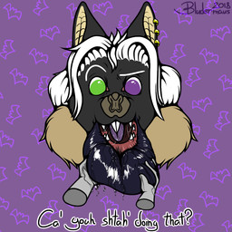 ambiguous_gender anthro black_body black_fur bodily_fluids disembodied_hand drooling duo fangs fur green_eyes hair heterochromia huge_lips hyper hyper_lips lips open_mouth purple_eyes saliva simple_background solo_focus teeth text thick_bottom_lip thick_lips tongue white_hair bludermaus bludermaus_(character) bat leaf-nosed_bat mammal microbat vampire vampire_bat yangochiropteran 1:1 2018 digital_drawing_(artwork) digital_media_(artwork) english_text