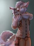 amber_eyes clothed clothing fluffy fluffy_tail fully_clothed fur gradient_background grey_body grey_fur gun handgun holding_gun holding_object holding_ranged_weapon holding_weapon holster male ranged_weapon revolver simple_background solo standing tail weapon zempy3 microsoft tango_gameworks the_evil_within sebastian_castellanos_(the_evil_within) canid canine mammal 2017 digital_media_(artwork) shaded