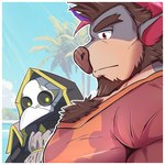 animal_mask anthro beak_mask body_hair chest_hair duo glowing glowing_eyes hood male male/male mask muscular muscular_anthro muscular_male pecs to_hakuto girl_staring_at_man's_chest lifewonders live_a_hero obsidius theoreol bovid bovine cattle mammal hi_res