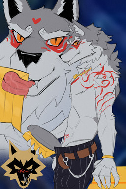 anthro bodily_fluids bottomwear clothed clothing cum erection genital_fluids genitals gold_bar licking male open_bottomwear open_clothing open_pants pants penis solo tongue deader epic_games fortnite fletcher_kane canid canine canis mammal wolf 2:3 absurd_res hi_res