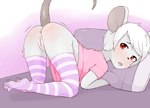 anthro anus ass_up blush bottomless butt clitoris clothed clothing female fur genitals hair legwear looking_at_viewer pillow pussy red_eyes solo white_body white_fur white_hair young young_anthro y0dare mammal mouse murid murine rodent