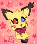 2018 black_nose black_tail blue_eyes bow_ribbon cheek_spots digital_media_(artwork) eyelashes female feral flavia-elric fur generation_2_pokemon hair heterochromia hi_res nintendo open_mouth pawpads paws pichu pokemon pokemon_(species) raised_arms red_eyes solo sparkles spiky-eared_pichu tail tongue yellow_body yellow_fur