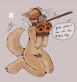 anthro balls bdsm blindfold bodily_fluids bondage_gear bondage_gloves breath brown_body brown_claws brown_collar brown_fur brown_leash chastity_cage chastity_device claws clothing collar collar_pull dialogue fur genital_fluids genitals gloves handwear heart_symbol kneeling leash male mittens muzzle_(object) muzzled nude_anthro nude_male offscreen_character orange_blindfold orange_chastity_cage orange_clothing orange_gloves orange_handwear orange_mittens petplay precum roleplay simple_background solo submissive submissive_anthro submissive_male talking_to_another tan_background tan_balls text three-quarter_view toe_claws whining birdpaw_(artist) canid canine mammal 2025 digital_drawing_(artwork) digital_media_(artwork) english_text full-length_portrait hi_res portrait