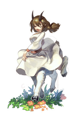 2_horns brown_hair clothed clothed_female clothed_taur clothing dress eyes_closed female fur hair hooves horn light_body light_skin ponytail quadruped short_tail simple_background solo tail white_background white_body white_clothing white_dress white_fur mullmull bovid bovid_taur caprine caprine_taur goat goat_taur humanoid_taur mammal mammal_taur taur hi_res