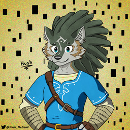 anthro anthrofied arm_wraps bandage bandaged_arm belt biped black_nose blaze_(marking) blue_clothing blue_eyes blue_topwear brown_body brown_clothing brown_fur brown_markings clothed clothing countershade_border countershading dreadlocks ear_piercing ear_ring facial_markings fingerless_gloves forehead_markings front_view fully_clothed fur geometric_background gloves grey_body grey_fur grey_hair grey_markings hair hands_on_hips handwear head_markings inner_ear_fluff male markings piercing ring_piercing shirt simple_background smile solo straps topwear tuft tunic wraps yellow_background hush_mccloud breath_of_the_wild nintendo the_legend_of_zelda twilight_princess link_(wolf_form) canid canine canis mammal wolf 1:1 digital_media_(artwork) half-length_portrait portrait signature
