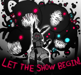 absolute_territory ambiguous_gender antennae_(anatomy) anthro armwear belt blue_eyes clothed clothing diamond_(marking) dress elbow_gloves female gloves glowing glowing_eyes group hair handwear hat headgear headwear legwear low-angle_view markings open_mouth pink_eyes sharp_teeth short_hair smile star_symbol teeth text thigh_highs top_hat itzjaylock io_(itzjaylock) aquatic aquatic_gastropod gastropod hybrid jorunna_parva lagomorph leporid mammal mollusk monster nudibranch rabbit sea_slug slug english_text hi_res