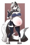 anthro belly big_belly big_breasts black_clothing black_leg_warmers black_legwear black_thigh_highs breasts clothing collar female female_anthro fluffy fluffy_tail fur grey_body grey_fur grey_hair hair leg_warmers legwear multicolored_body multicolored_fur pregnant pregnant_anthro pregnant_female red_sclera solo spiked_collar spikes tail thigh_highs two_tone_body two_tone_fur white_body white_eyes white_fur dima_(artist) helluva_boss mythology loona_(helluva_boss) canid canid_demon canine demon hellhound mammal mythological_canine mythological_creature absurd_res hi_res