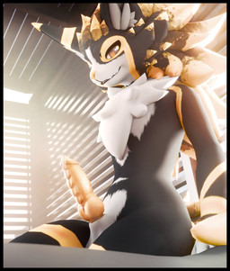 animal_genitalia animal_penis anthro balls black_body black_fur bodily_fluids erection fur genital_fluids genitals hair knot looking_at_viewer male markings nude penile penis scaled_penis solo tuft white_body white_fur yellow_markings lill_esp wharf_(character) novabeast 3d_(artwork) absurd_res blender_(artwork) digital_media_(artwork) hi_res