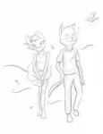 anthro beak bottomwear clothed clothing duo embarrassed female fur leaf male simple_background skirt tail tail_under_skirt white_background wind wind_lift risingdragon avian bird domestic_cat felid feline felis mammal mouse murid murine rodent absurd_res hi_res