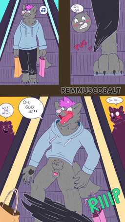 anthro balls blush circumcised clothing degradation embarrassed embarrassing_nudity exposed genitals group hairy hoodie humiliation male male/male mall micropenis nude penis pubes small_penis topwear remmus_cobalt canid canine canis mammal wolf 4k 9:16 absurd_res comic hi_res