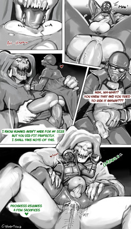 abdominal_bulge anal animal_genitalia animal_penis anthro anthro_penetrating anthro_penetrating_human anthro_penetrating_male anus armor bodily_fluids bottomwear bulge clothed clothed_sex clothing cum cum_from_ass cum_in_ass cum_inflation cum_inside cumflated_belly deep_rimming dialogue duo erection eyes_closed face_covered faceless_character faceless_human genital_fluids genital_slit genitals hand_on_horn headgear heart_symbol helmet hood_up horn horn_grab human_on_anthro human_penetrated inflated_belly inflation interspecies knot knotted_penis larger_anthro leaking_anus leaking_cum male male/male male_anthro male_human male_on_anthro male_on_human male_penetrated male_penetrating male_penetrating_human male_penetrating_male ncr_ranger_(fallout) oral pants penetration penis precum rimming robe sex size_difference smaller_human speech_bubble text torn_bottomwear torn_clothing torn_pants cybertuna fallout microsoft goris_(fallout) the_courier_(fallout) deathclaw human mammal reptile scalie comic english_text hi_res monochrome spot_color