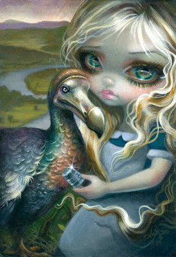 ambiguous_gender beak blonde_hair blue_eyes clothed clothing detailed_background duo eyebrows eyelashes feathers female feral hair lips long_hair pink_lips thimble wavy_hair young jasmine_becket-griffith alice_in_wonderland alice_(alice_in_wonderland) avian bird columbid dodo human mammal recently_extinct_species 2017 dated formal_art painting_(artwork) traditional_media_(artwork) traditional_painting_(artwork)