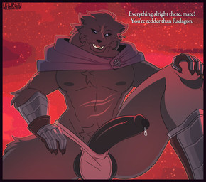 anthro armor balls big_balls big_penis black_body black_border black_fur black_hair black_penis black_sclera bodily_fluids border chest_tuft claws clothed clothing erection foreskin fur genital_fluids genitals hair huge_balls huge_penis humanoid_genitalia humanoid_penis kneeling leaking_precum looking_at_viewer male muscular muscular_male open_mouth partially_clothed penis precum purple_clothing scar solo teeth text tongue tuft white_clothing white_eyes conditional_dnp welwraith elden_ring fromsoftware blaidd_(elden_ring) canid canine canis mammal wolf english_text hi_res signature