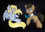 ambiguous_gender blonde_hair blue_eyes brown_hair cutie_mark duo feathered_wings feathers female feral floating grey_body grey_feathers hair happy necktie shirt_collar smile space star wings lustrous-dreams friendship_is_magic hasbro my_little_pony mythology derpy_hooves_(mlp) doctor_whooves_(mlp) earth_pony equid equine horse mammal mythological_creature mythological_equine pegasus pony 2013 hi_res