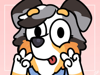 anthro big_ears close-up female fur gesture hand_gesture multicolored_body multicolored_fur orange_body orange_fur solo tongue tongue_out v_sign zankandreas bluey_(series) calypso_(bluey) australian_shepherd canid canine canis domestic_dog herding_dog mammal pastoral_dog sheepdog 4:3