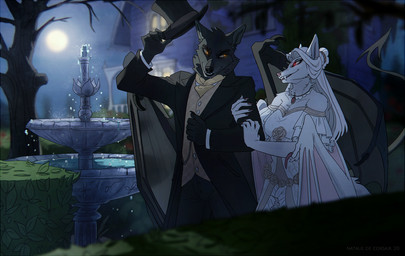 5_fingers anthro black_body black_fur black_nose breasts claws cleavage clothed clothing dress duo fangs female finger_claws fingers fountain full_moon fur glowing glowing_eyes hair hat headgear headwear holding_arm humanoid_hands male male/female membrane_(anatomy) membranous_wings moon night outside plant romantic romantic_couple smile suit teeth top_hat tree victorian white_body white_fur white_hair wings natalie_de_corsair canid canine canis demon fox mammal vampire wolf 2020