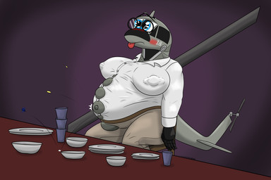 aircraft airplane anthro barbell_piercing belly belt big_belly blue_eyes blush blush_lines button_(fastener) clothing deep_navel eyewear female glasses grey_body huge_belly mechanophilia motion_lines navel nipple_outline nipple_piercing nipples outie_navel piercing piercing_outline plate_stack solo straining_buttons straining_clothing stuffing tan_clothing tongue tongue_out vehicle white_clothing wide_eyed panzerschreckleopard uh-1_huey skye_(skyeuh1) 2026 3:2 absurd_res colored hi_res
